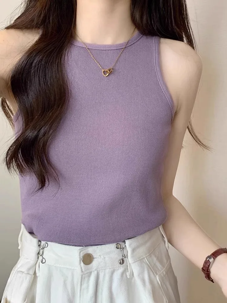 

Women's Knitted Tank Top Summer Outdoor Wear Slim Fit round Ne Svel Faionable Inner Wear ort Length Color