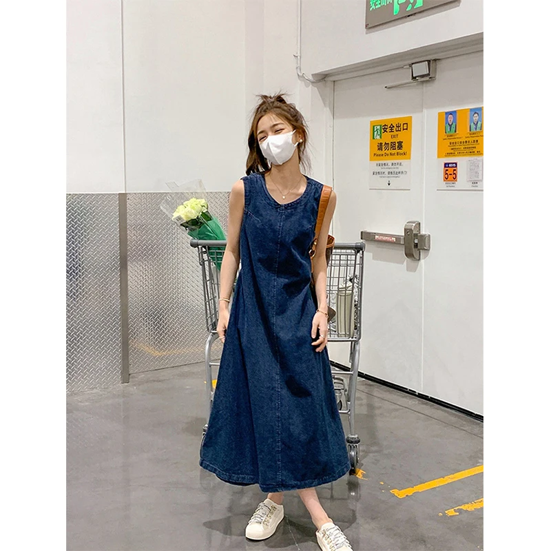 MEXZT Denim Midi Dress Women Hollow Out A Line Dresses Streetwear Sleeveless Backless Sundress Korean Lace Up Casual Vestidos