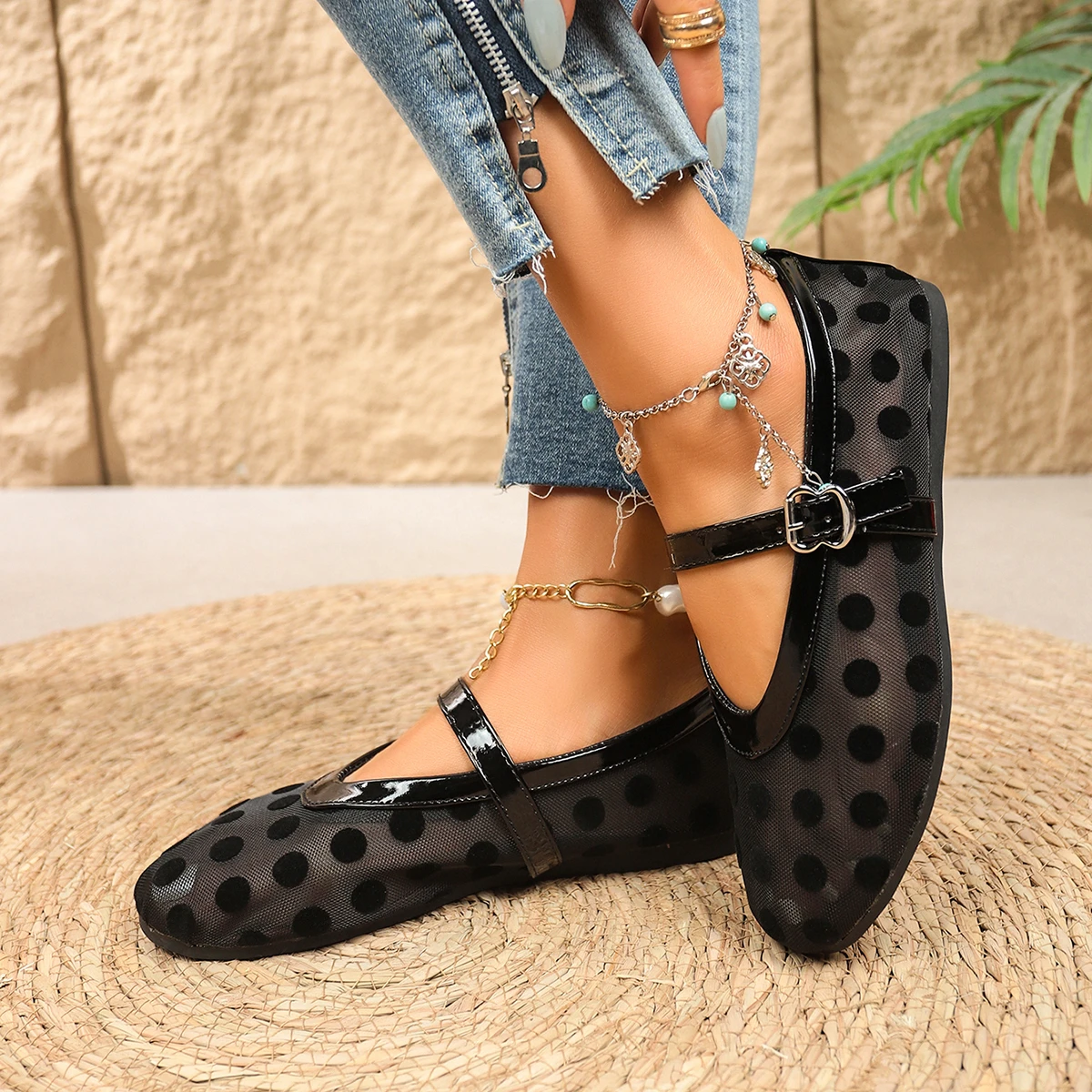 2026 Damen Ballerinas mit Netzstoff und Polka Dots, Vintage Mary Jane Schuhe mit runder Zehenpartie, Übergrößen Damenschuhe Größe 36-43 – Detail 9