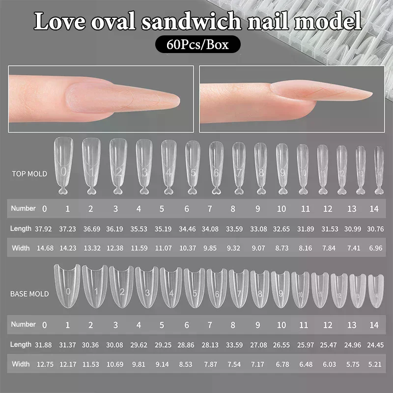 Formy do paznokci Sandwich Dual Nail Forms 60 szt. 15 rozmiarów Szybkie przedłużanie - Formy Dualne w kształcie litery T, elipsy, formy do manicure, forma górna, forma dolna, 3D