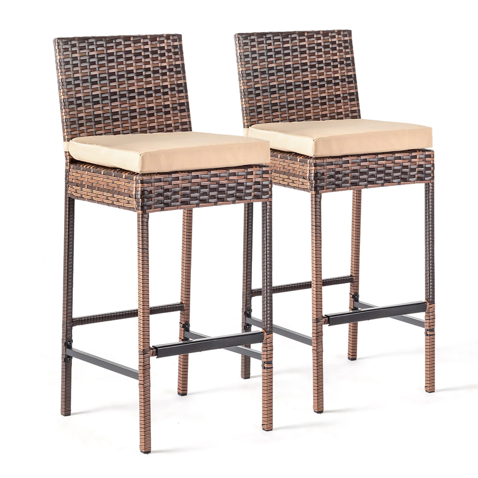 Set of 2 Patio Wicker Barstools, Outdoor Bar Height Chairs with Seat Cushions & Footrests for Patio Porch Backyard Living Room B