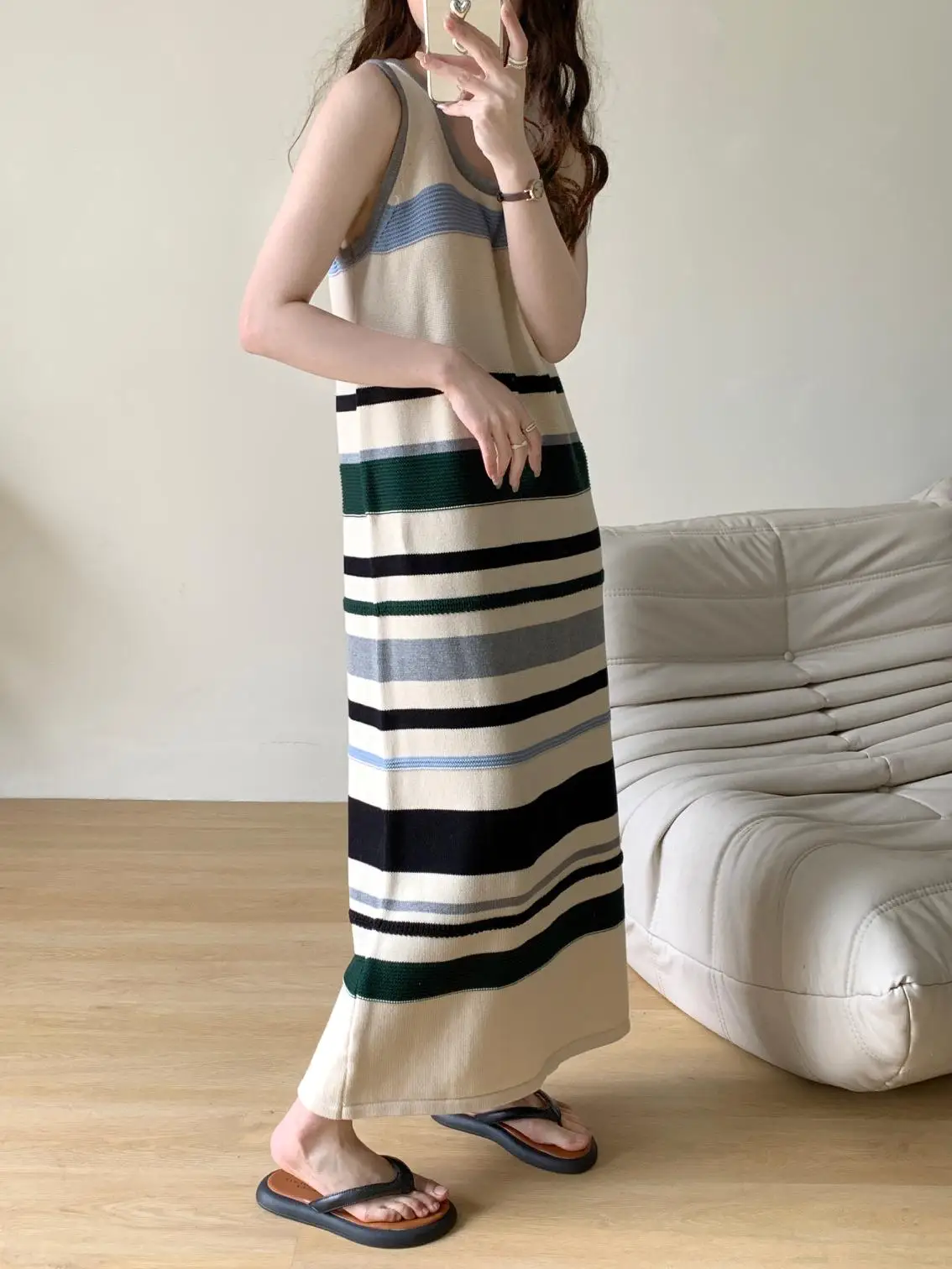 Striped Knitted Sundress Women O-Neck Sleeveless Summer Long Maxi Dress Loose Casual Elegant Luxury Office Lady Knitwear
