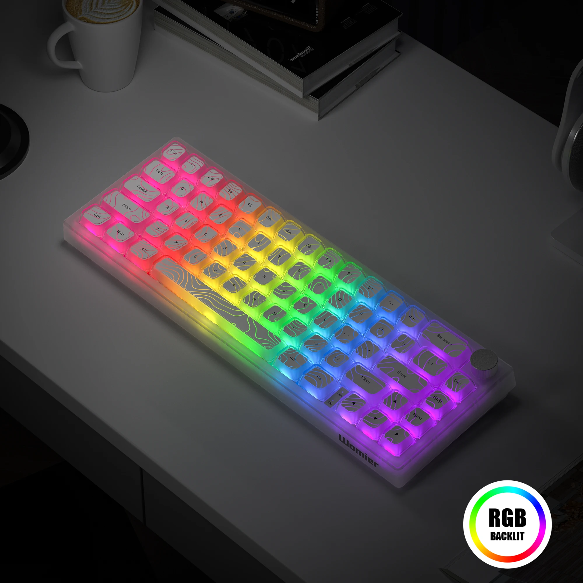 2025 Super New White Topographic Q61 QMK/VIA Gamer Keyboard RGB Gasket Hot Swap 3 Modes Wireless Mechanical Keyboard with Knob