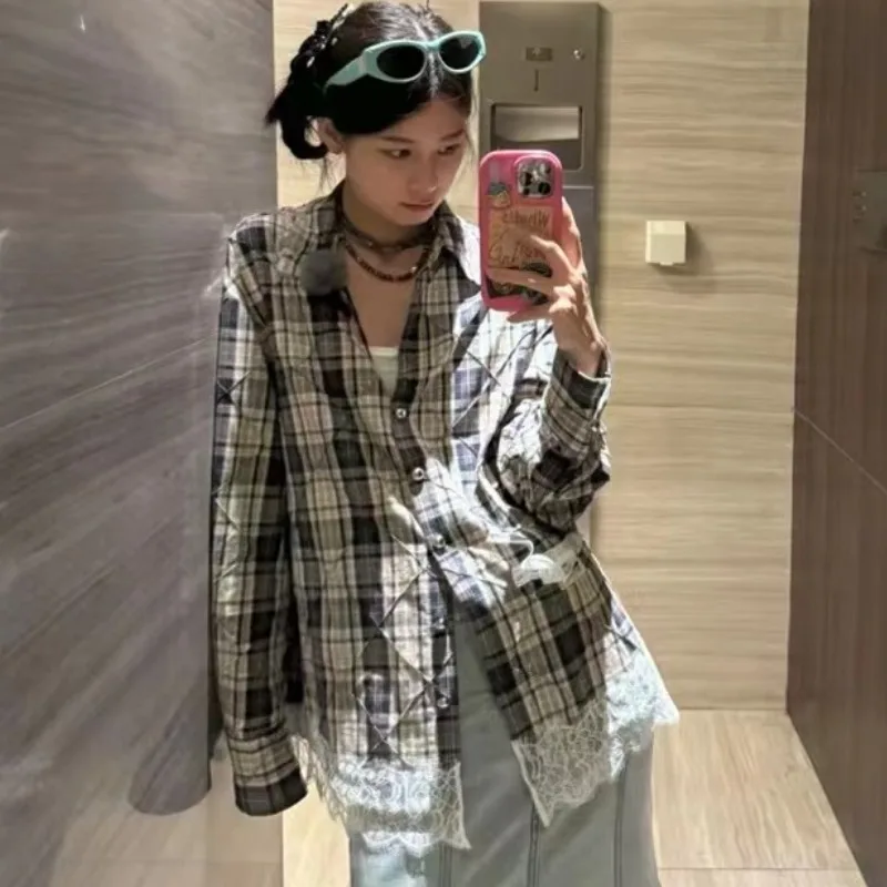 

Early Autumn 2024 Zhao Zhao Lace Trim Splicing Texture Vintage Casual Loose Plaid irt Women's Straight Tube Cotton Long S...