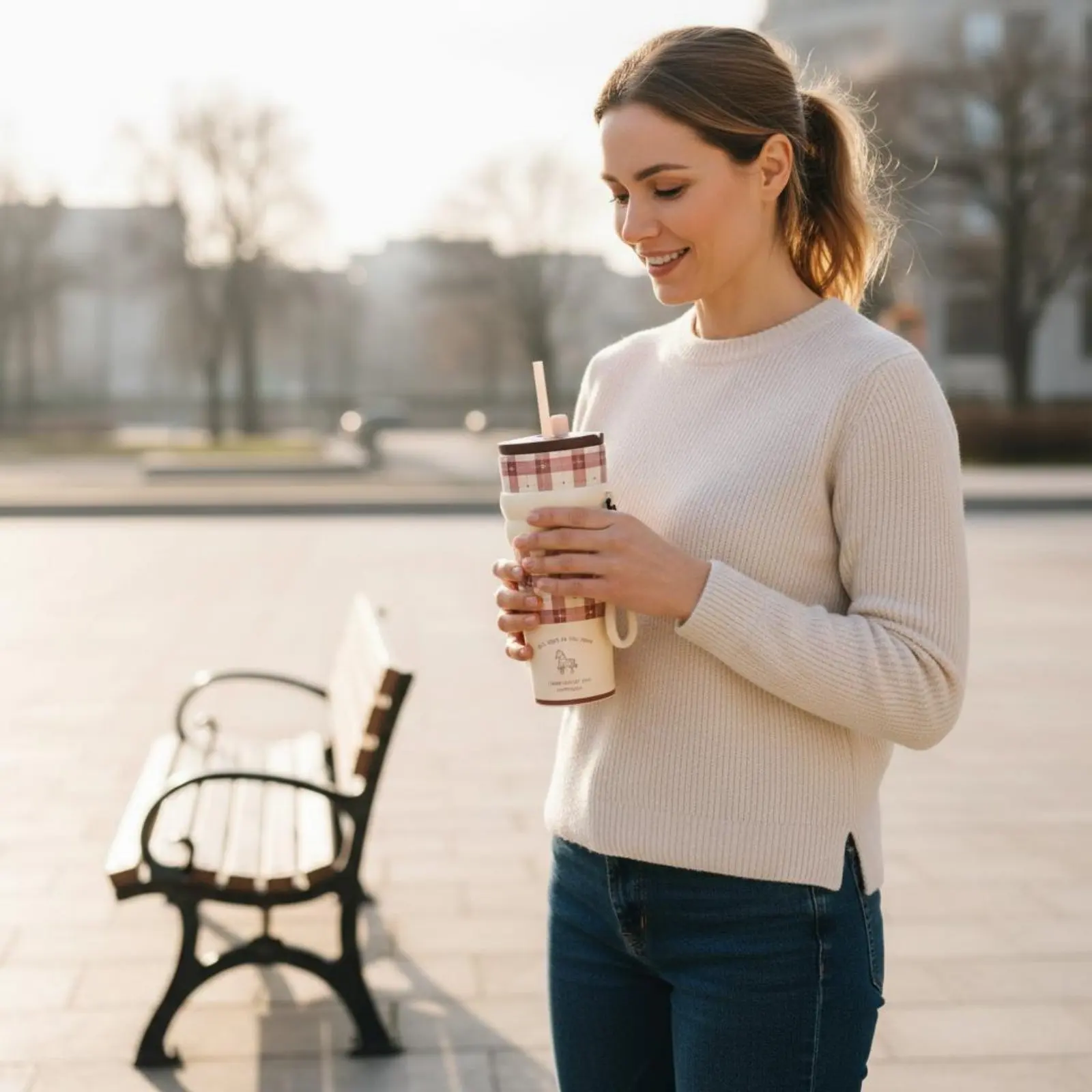 Large Capacity Insulated Tumbler Portable Wrist Strap Stainless Steel Straw Tumbler Plaid Pattern Tumbler for Office