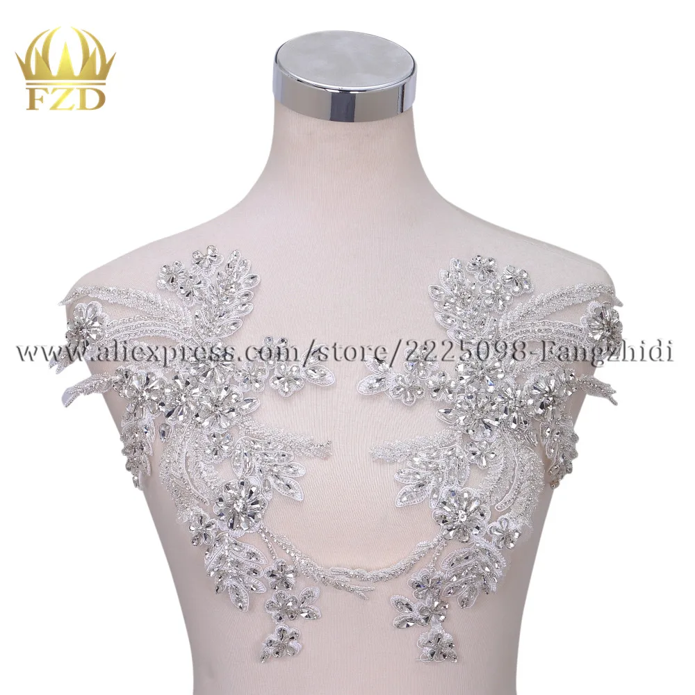 

FZD 1 Pair Handmade Silver Bodice Patches and Rhinestones applique with Gauze for Wedding Dresses, DIY Clothes