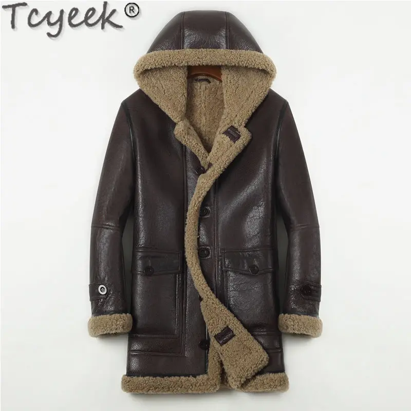 

Tcyeek Winter Real Sheepskin Motocycle Jacket Men Fashion Natural Fur Jackets Man Clothes Black Brown Mid-long Hooded Coat Loose