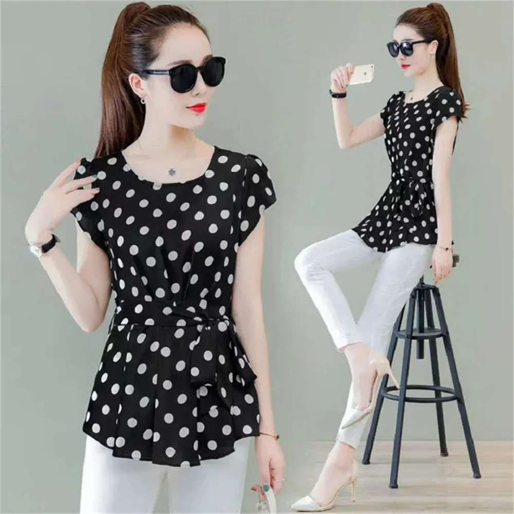 Women Spring Summer Style Blouses Shirt Lady Casual Short Sleeve O-Neck Solid Polka Dot Women\'s Casual Tops