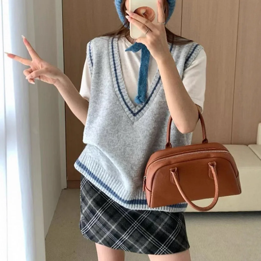 

Women Knitted Sweater Vest Pullover Jumper Color Block Sleeveless V Neck Loose Fit Slight Strech Casual Office Lady 2025 Autumn