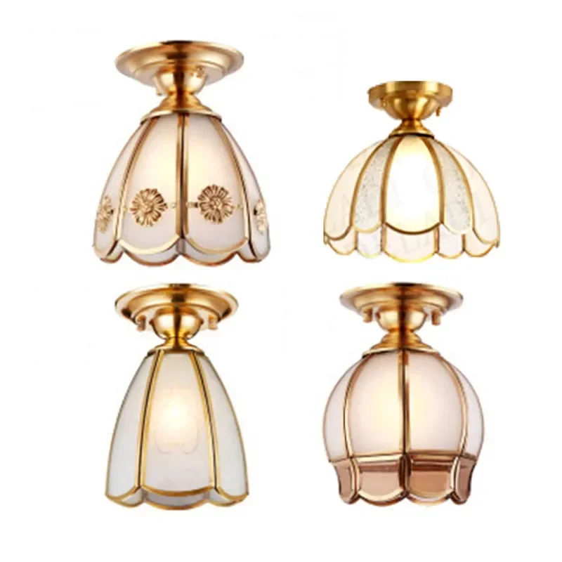 

Nordic Ceiling Lights Copper&Glass Flower Shade E27 Luxury Gold LED Ceiling Lamp Aisle Balcony Porch Lighting Fixturesתאורה