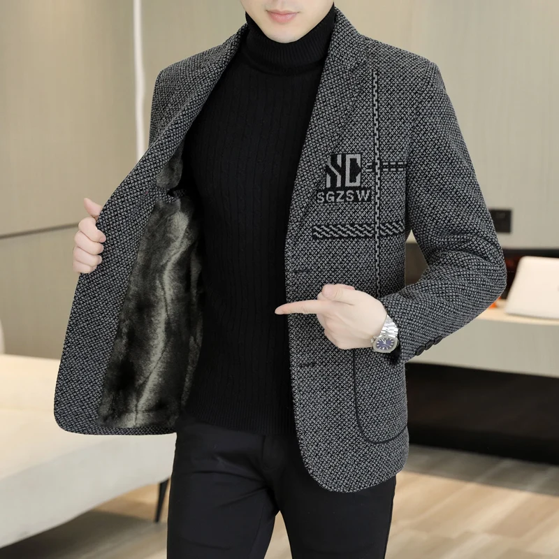 

High-quality men's fashionable winter fleece blazer for middle-aged and young people, trendy Korean-style cotton-padded warm jac