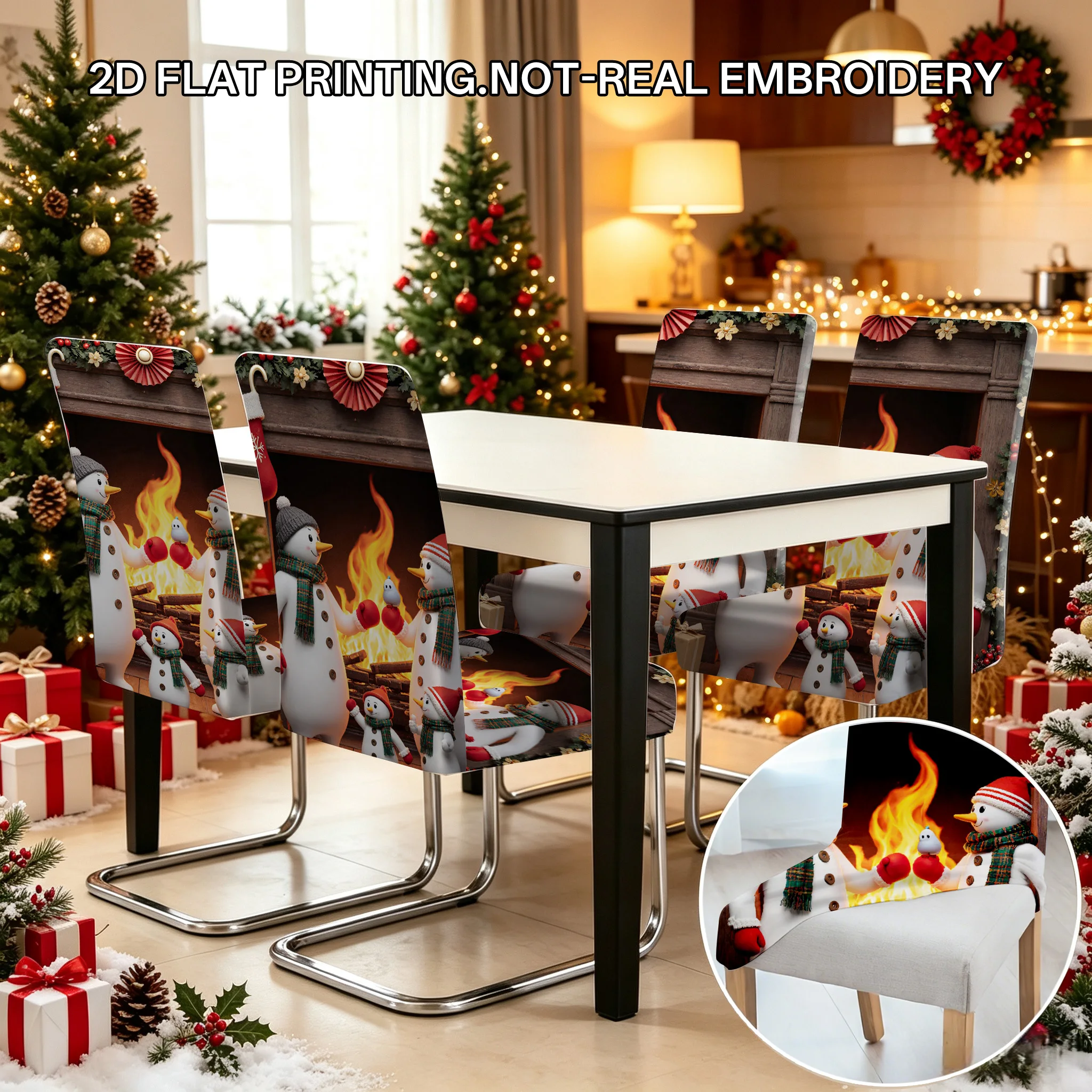 2/4/6 PCS Christmas Fireplace Snowman Family Elastic Dining Chair Cover, 2D Flat Printed Christmas Party Decoration Chair Cover