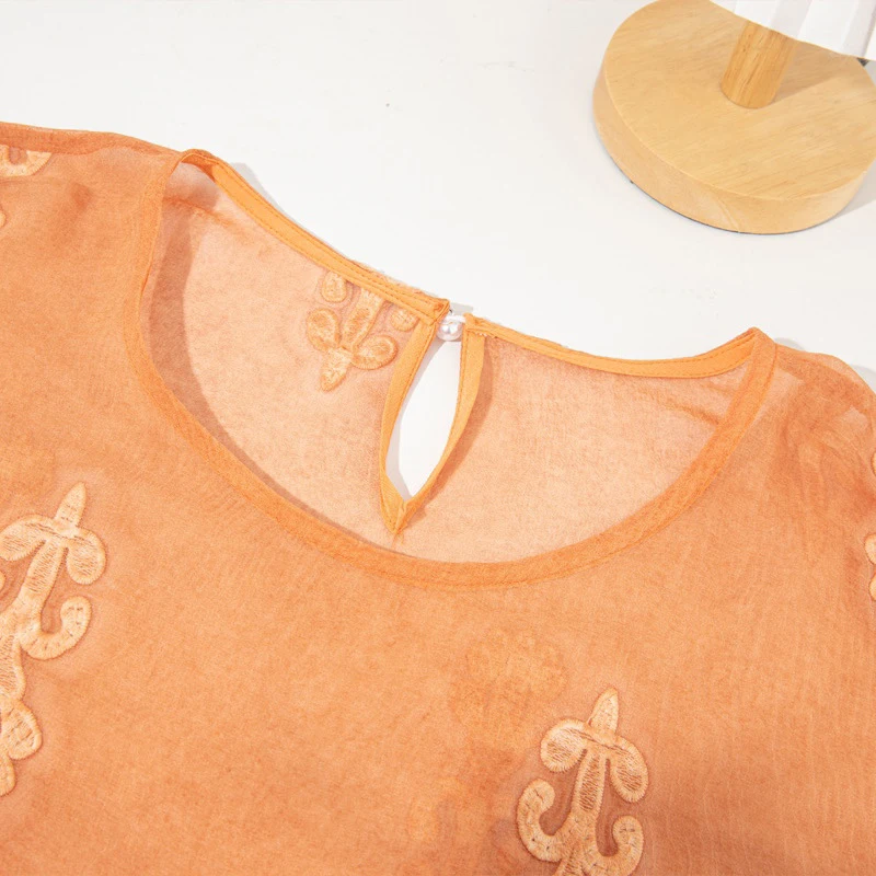 100% Maulbeerseide Damen Langarmbluse Orange Stickerei Seide Dünn Transparent Rundhals Shirt Top Pullover Sommer QQ015
