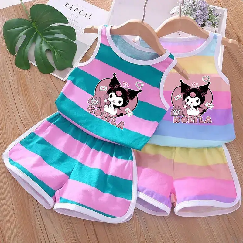 Summer Baby Kids Clothes Sets Cute Kuromi Cartoon Girls and Boys Vest and Shorts 2pieces Sanrio Children's Outfits Beach Clothes