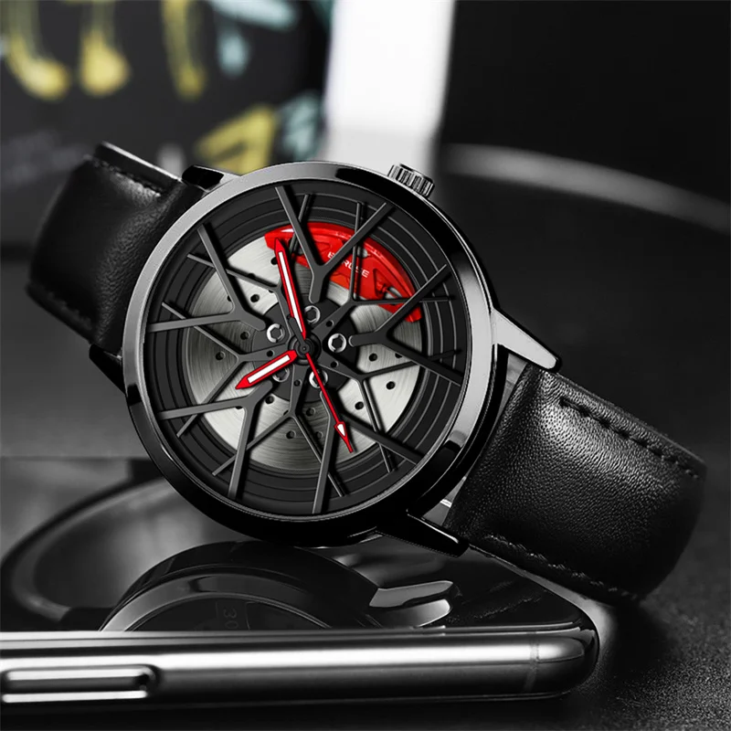 BORUSE Fashion Mens Car Wheel Watches Luminous Clock Luxury Men Sports Waterproof Quartz Wrist Watch Leather Strap Watch