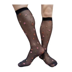 Thin Sheer Mens Sexy Socks Black With Floral Embroidery Knee High Formal Dress Suit Male Socks Long Tube Stocking See Through