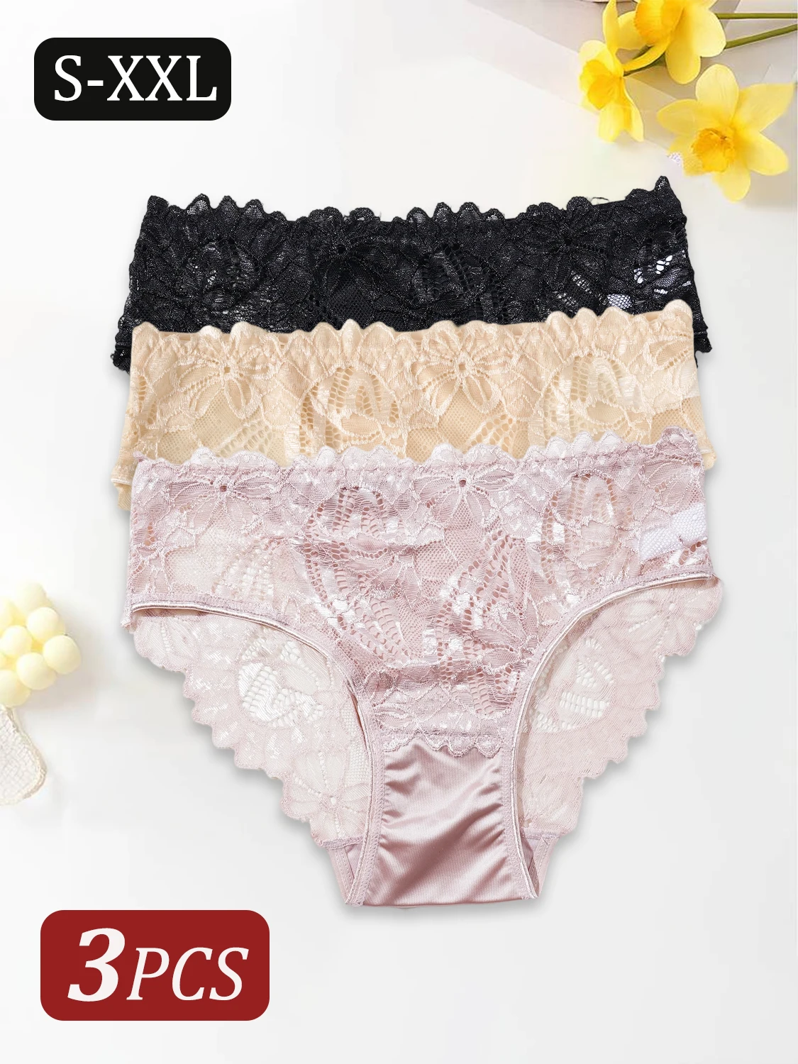 3PCS Sexy Hollow Out Lace Design Panties Women's Elegant Lace Floral Trimmed Lingerie Solid Color Mid-Rise Briefs Female S-XXL