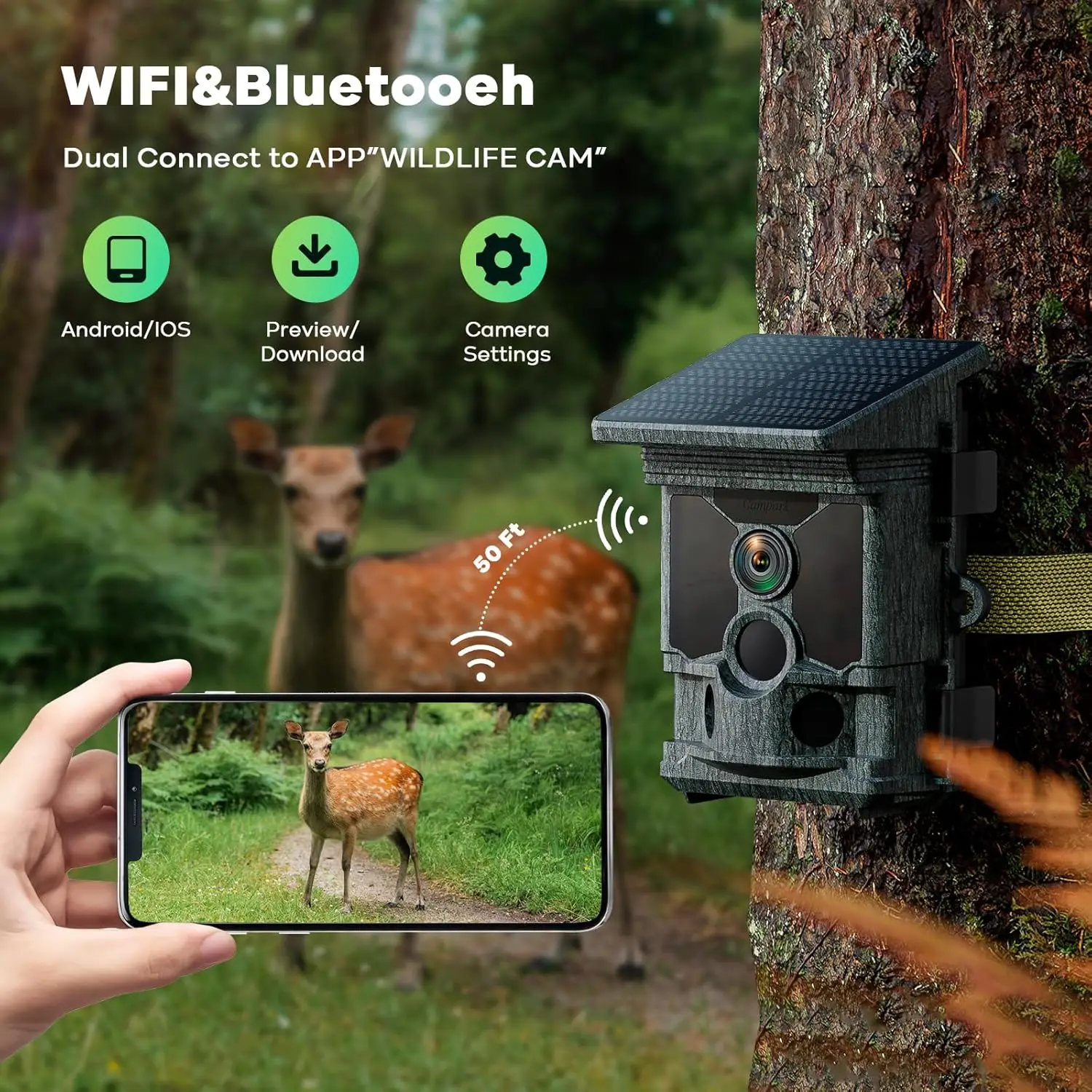 Camera Solar Powered 46MP 4K Native 30FPS, WiFi Bluetooth Hunting Game Camera with 120°Wide-Angle Motion Activated