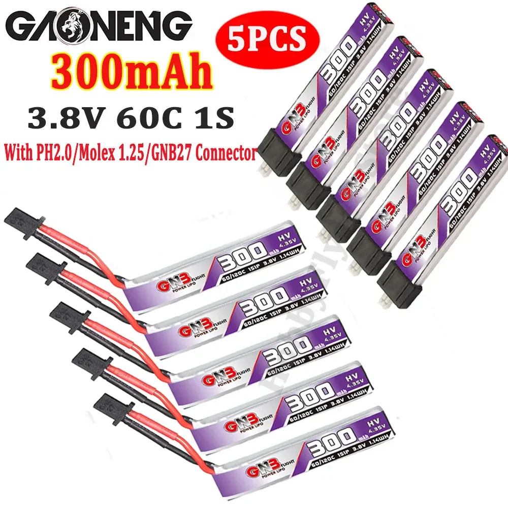 5PCS Gaoneng GNB 300mAh 1S 3.8V 60C HV Lipo Battey With PH2.0 / Molex 1.25 / GNB27 Connector for RC FPV Racing Drone