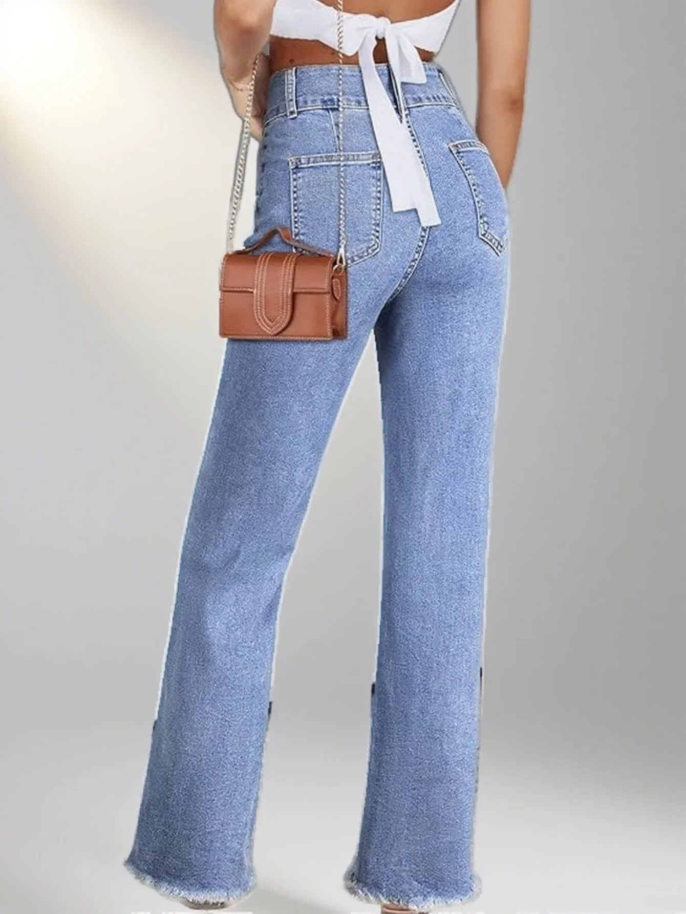 Y2k-Jeans für Damen, Stretch-Denim-Hose, hellblau, gerades Bein, mehrere Knöpfe, dekorative Tasche, neues Design