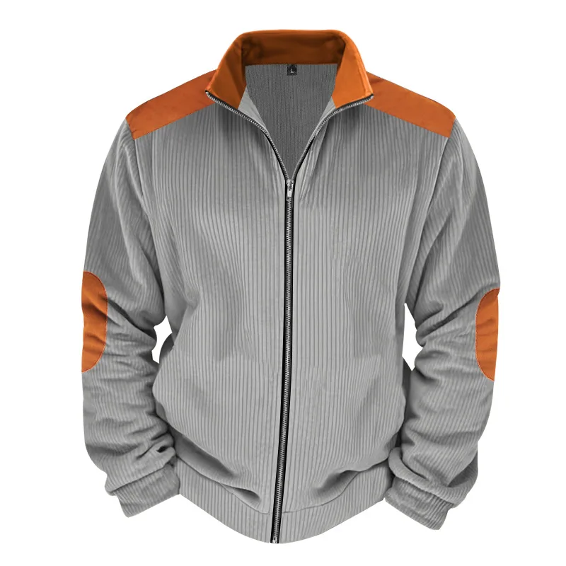 Herren Stehkragen Cordjacke, Farbblock-Design, Reißverschluss-Mantel, Retro, Locker Geschnitten, Lässig, Langarm, Herbst-Winter, Alltag, Streetwear – Detail 31