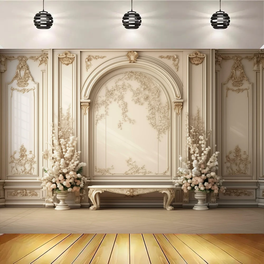 Luxury Indoor Furnishing Photography Backdrop Royal Chandelier Chair Sofa Mantel Fireplace Flower Background Elegant Decoration