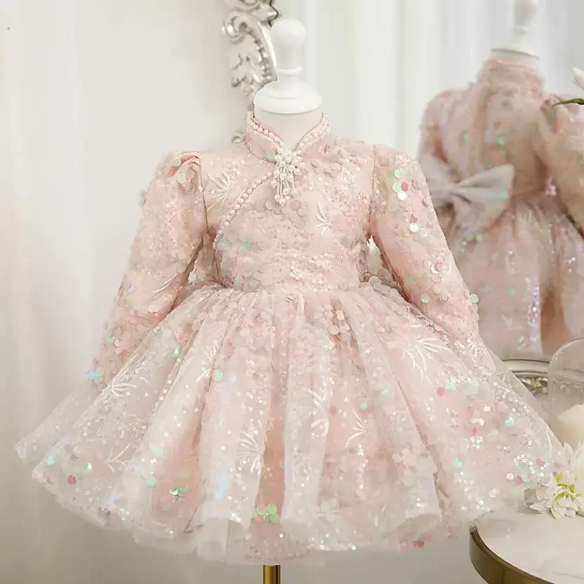 Children\'s Party Ball Gown Pearls Sequins Design Kids Wedding Birthday Baptism Prom Princess Tutu Dress For Eid A2081