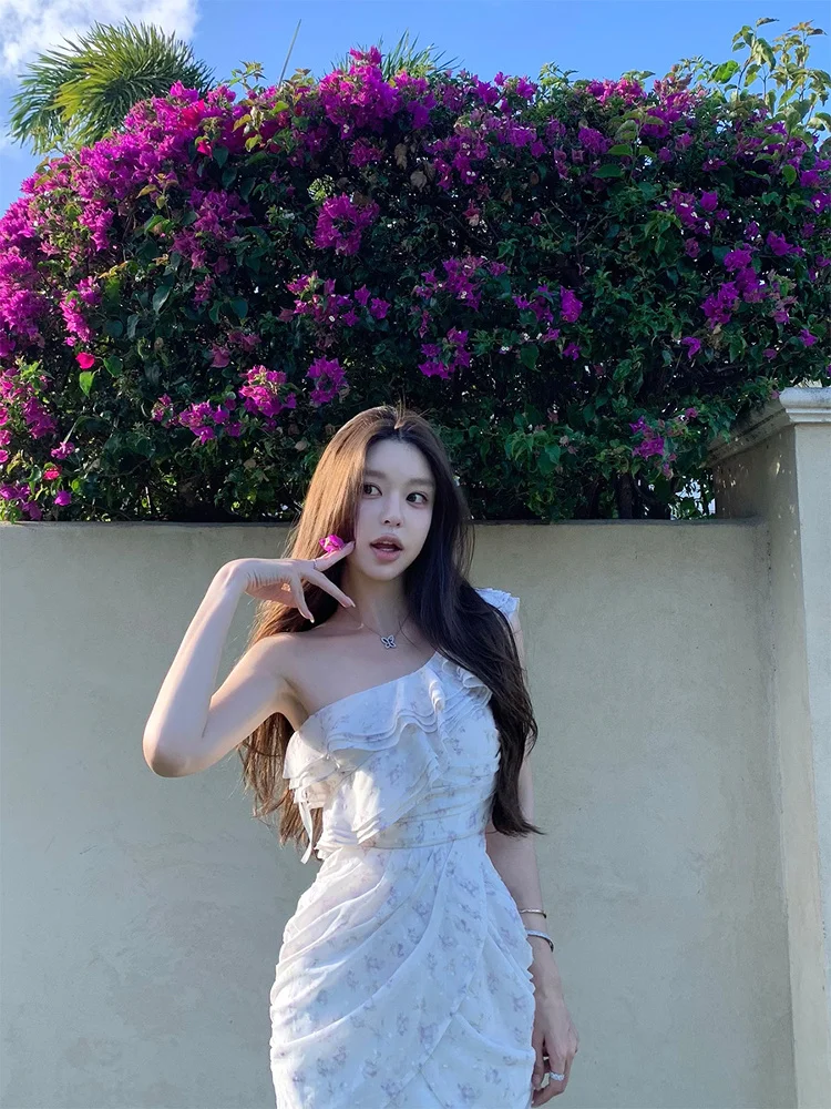 

Good Morning Fan Fan Romantic Floral Print Chiffon Dr Women's Summer Midi Skirt Asymmetrical oulder Layered Hemline