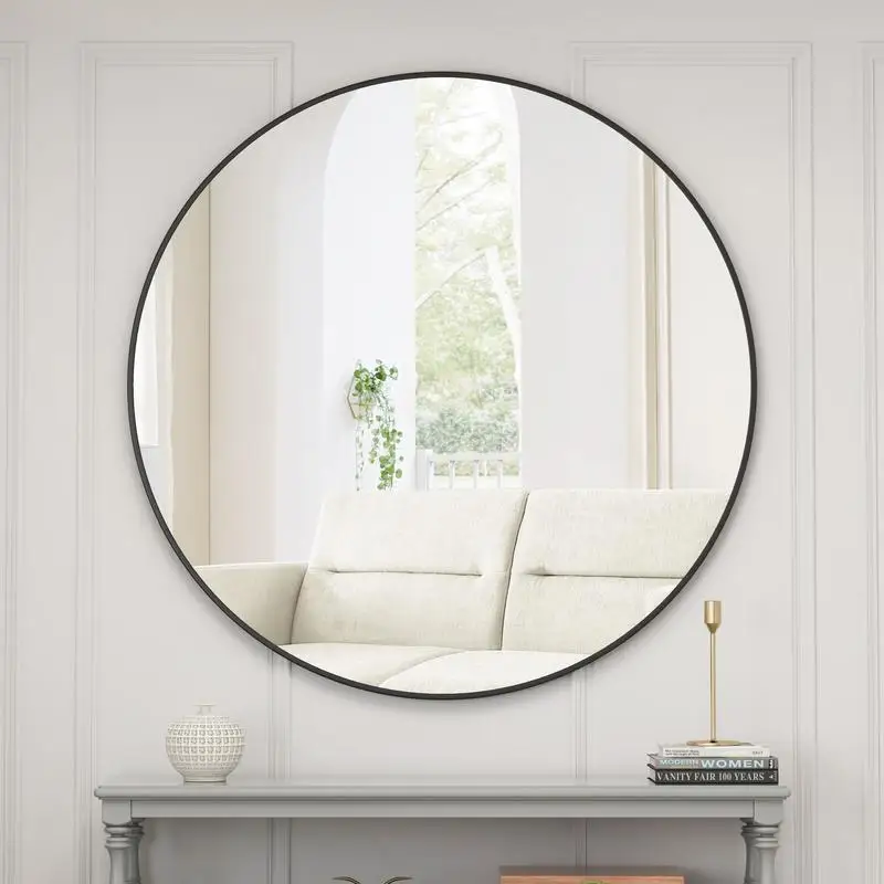 

48-Inch Oversized Black Round Metal Framed Wall Mirror for Bathroom, Living Room, and Bedroom Decor, Perfect for Vanity and