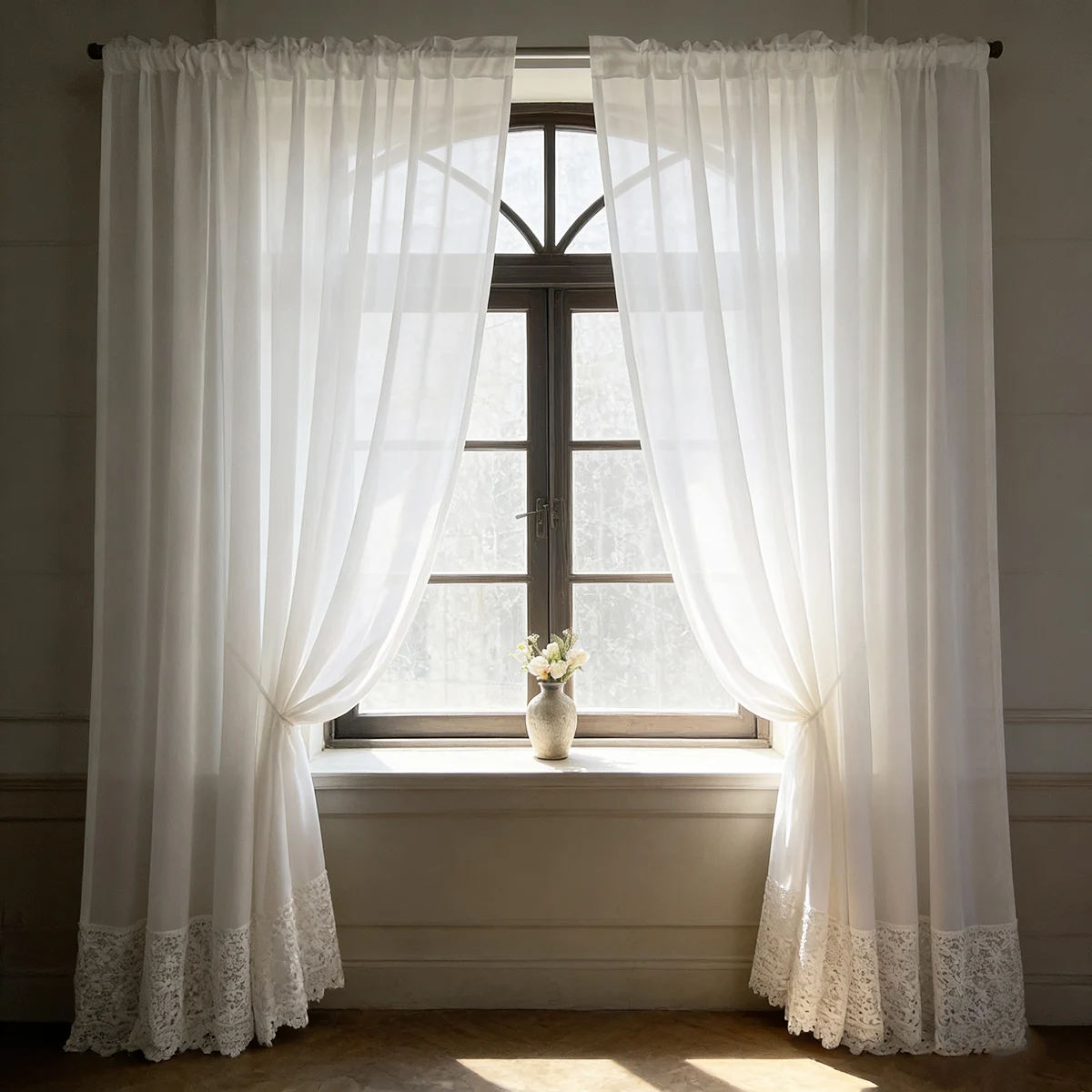 White Soft Solid Color Gauze Curtain Splicing Hollow Flower Lace Trim Sheer Curtains for Living Room, Bedroom Home Decor Drape
