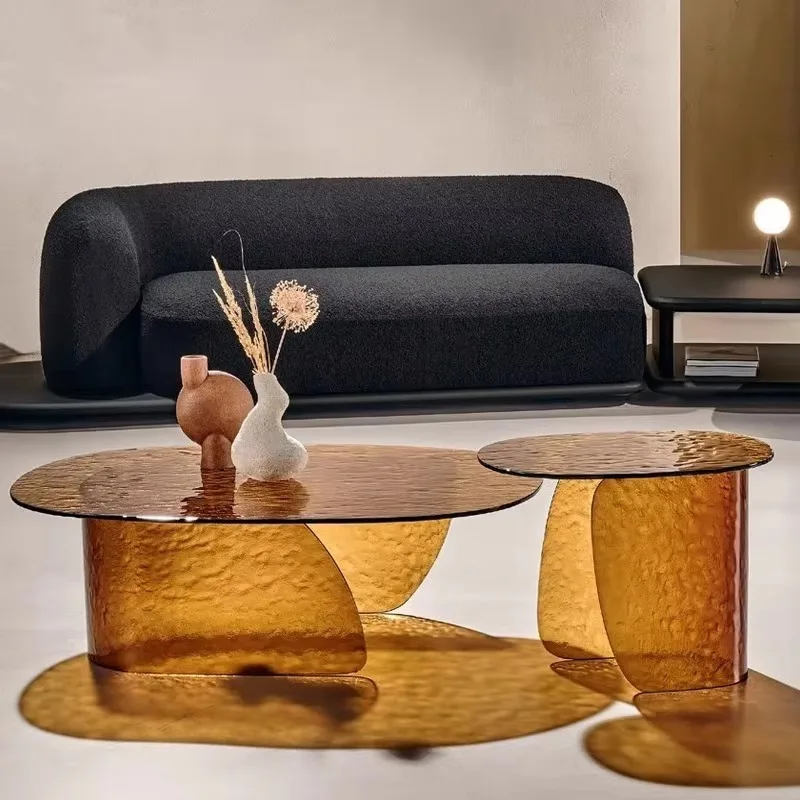 Modern Oval Acrylic Coffee Table Water Ripple Brown Top Sculptural Base Center Table for Apartment Living Room Furniture