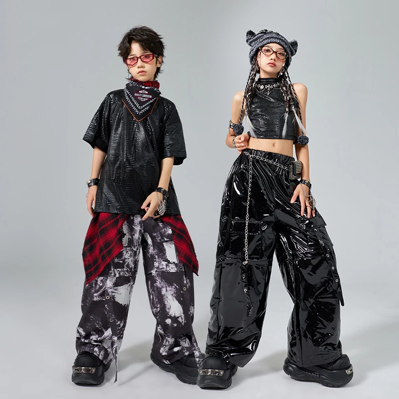 

Kpop Hip Hop Clothing Kids Jazz Dance Costumes Black Leather Tops Pants Girls Boys Stage Performance Outfits Streetwear BL16557