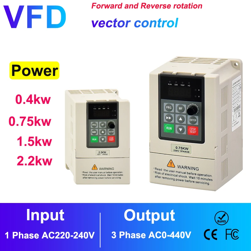 

AC 220V to 380V VFD 0.75/1.5/2.2KW 1-phase to 3-phase Inverter Variable Frequency Drive Motor Speed Controller 50HZ