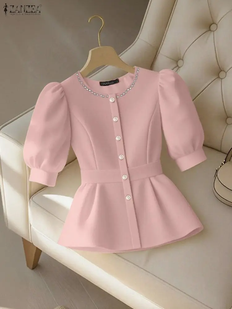 

ZANZEA Элегантная офисная блузка с пышными рукавами, летняя модная рубашка, женские стильные однотонные рабочие топы, повседневные топы с круглым вырезом, Blusas Mujer Femme