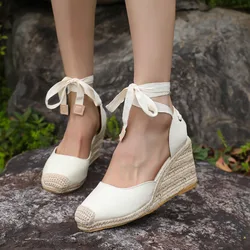 2024 Dames Espadrille Enkelband Sandalen Comfortabele Slippers Dames Casual Schoenen Ademende Vlas Hennep Canvas Pumps