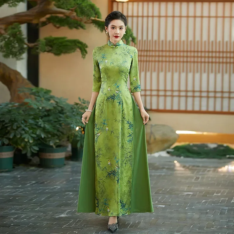 

Green Cheongsam Elegant Ao Dai Qipao Print Chinese Style Tradition Dress Casual Evening Party Gown Women Stage Performance