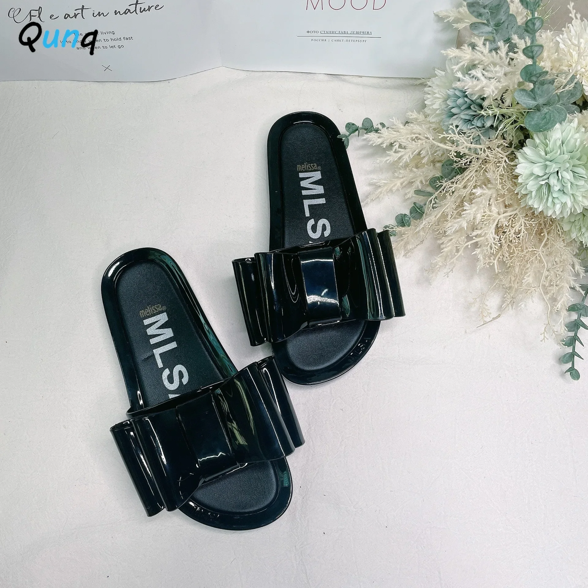 Qunq One Word Solid Jelly Bowknot Quick Dry Breathable Slipper Outdoor Beach Slipper Casual Lovely Flat Heel Shousehold Slippers