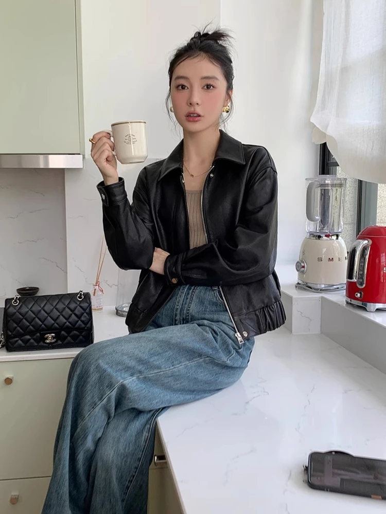 Casual Short Genuine Leather Motorcycle Jackets for Women Spring Autumn High-end Simple Slim Soft Black Real Sheepskin Coat