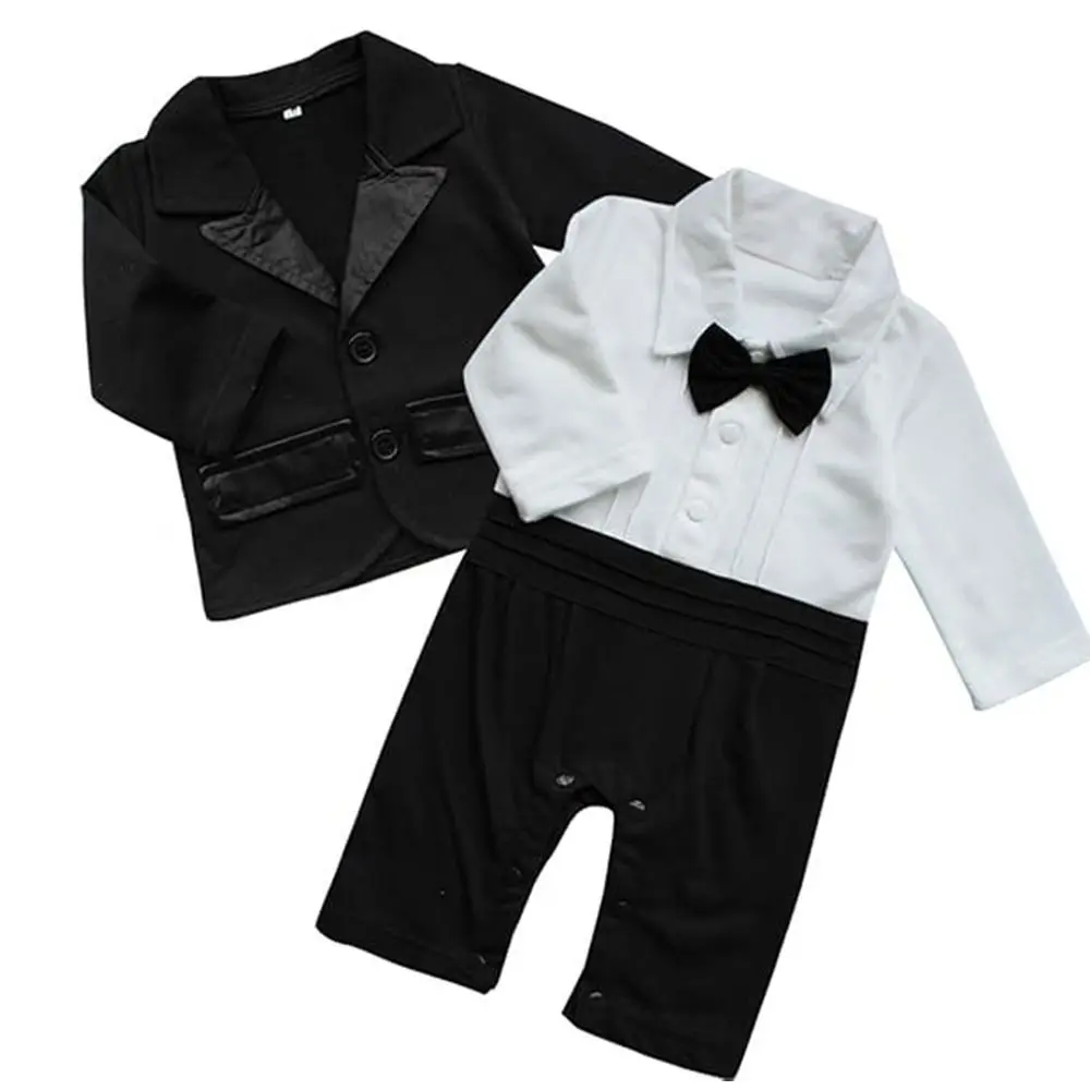 2Pcs/Set Black Tuxedo Gentleman Boss Baby Clothes Two-Piece Outfit Striped Vest Toddler Romper Bodysuit Bow Tie Romper Bodysuit
