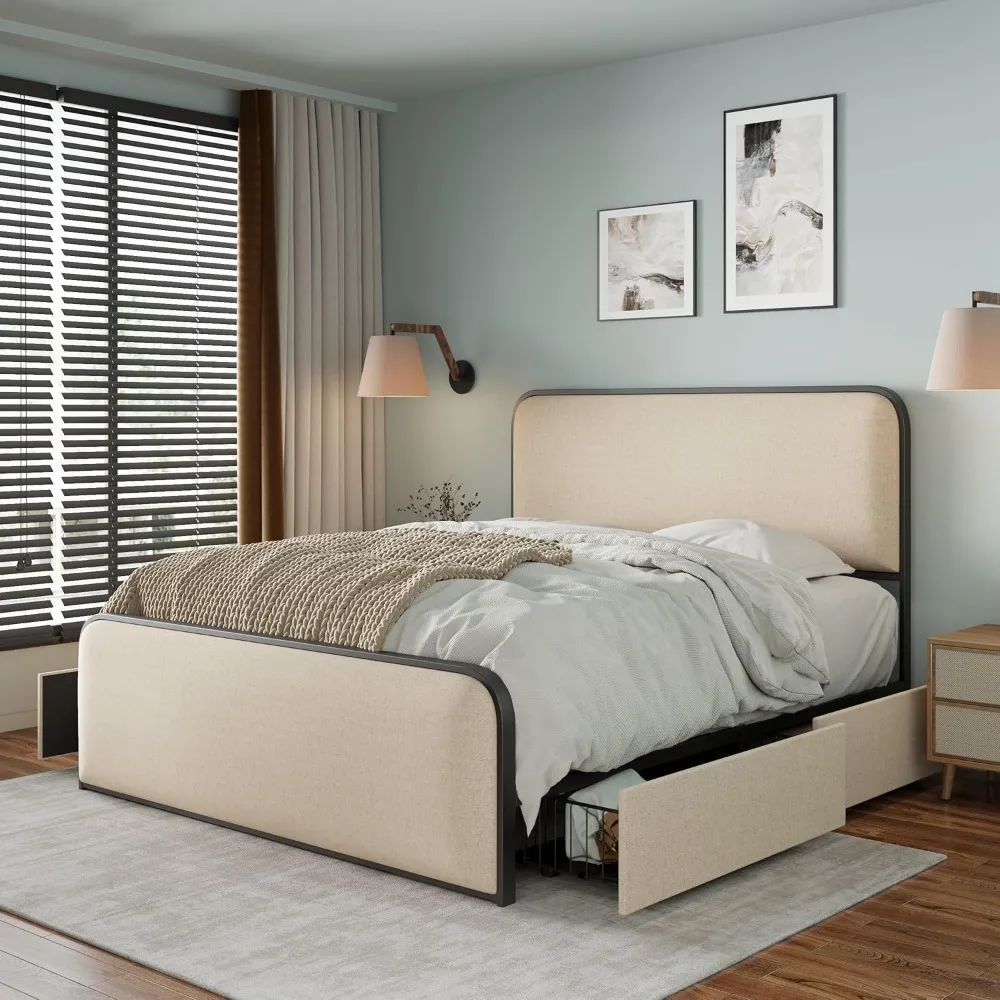 

King Size Linen Curved Upholstered Headboard Footboard Bed, Metal Platform Bed Frame with 4 Storage Drawers, Heavy Duty Metal