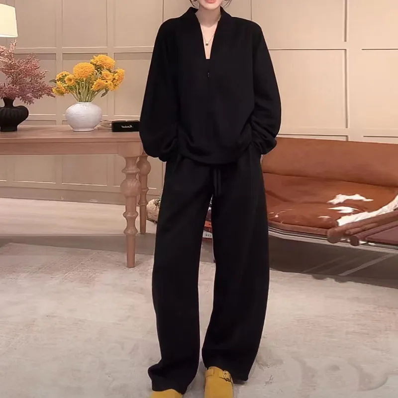 

Casual Thick Cotton Black Set Women's Spring Autumn New Korean Commuter Top Bent Knife Pants Two Piece Set