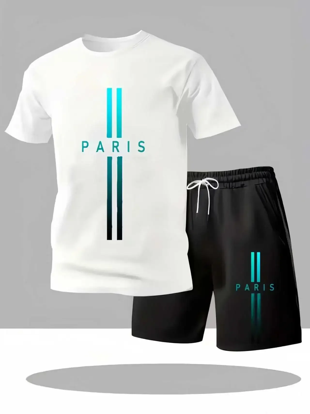 

Летний мужской комплект: футболка и шорты с принтом Paris, повседневный костюм с градиентными полосами, спортивный костюм для мужчин, уличный стиль