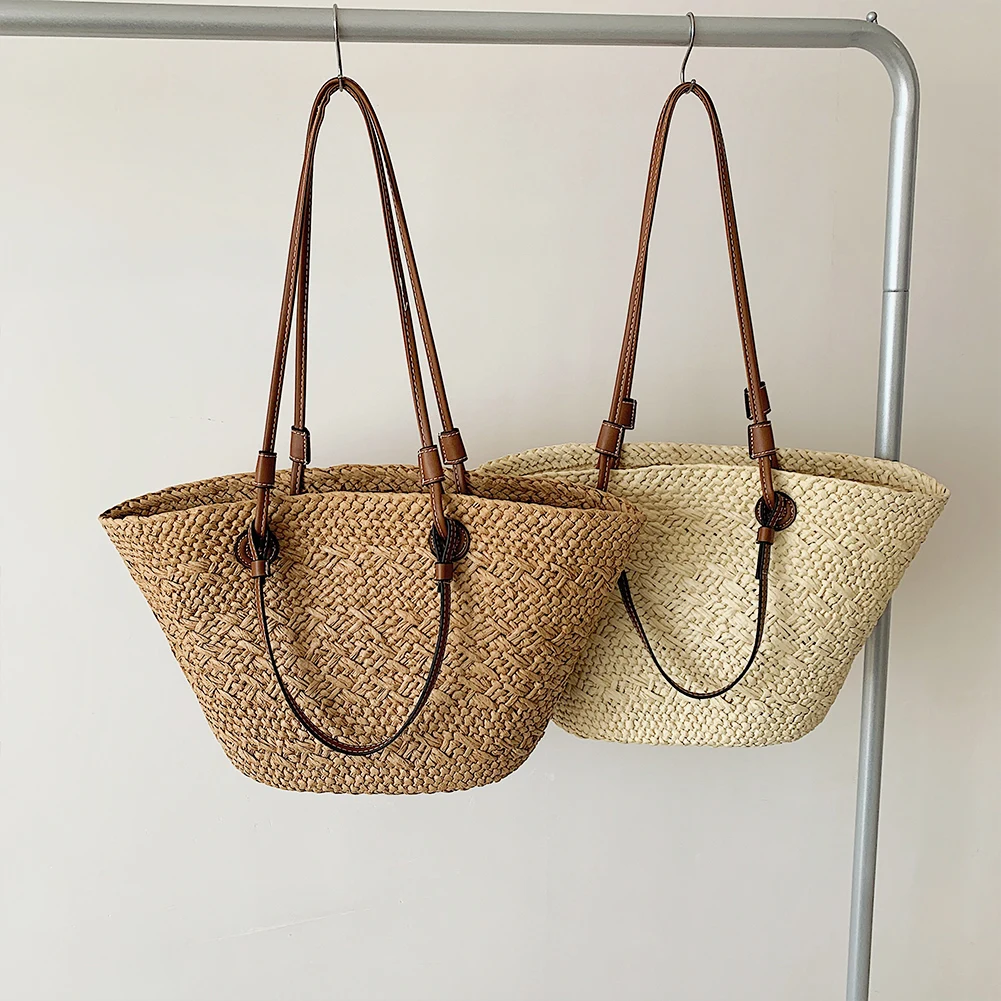 Summer Straw Weaving Tote Bag Women\'s Beach Bags Large Capacity Braiding Shoulder Bag Ladies Handmade Woven Underarm Bag Handbag