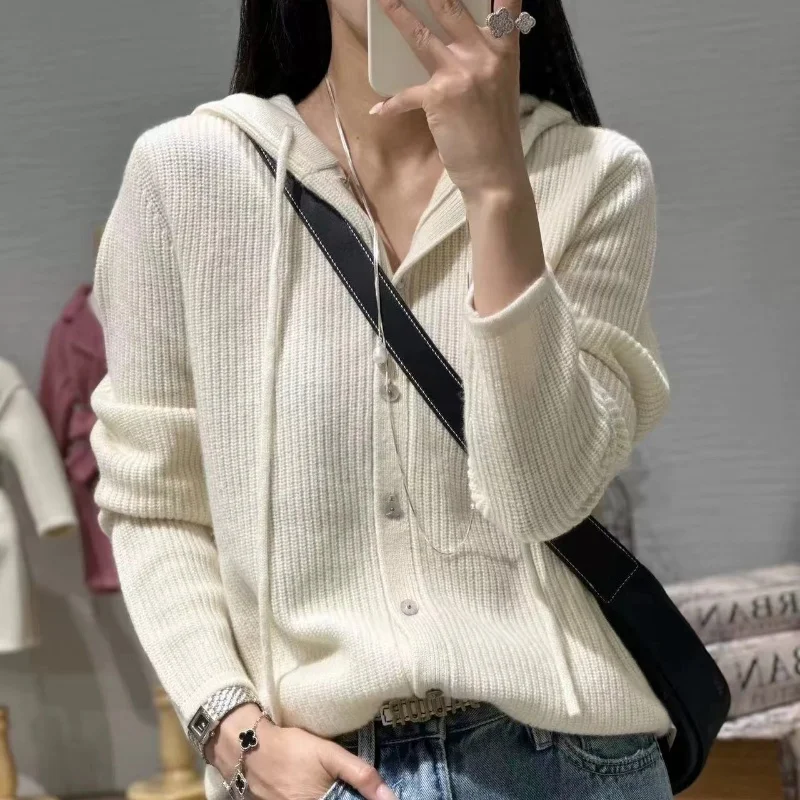 100% Pure Wool Sweater Women's Clothing Knitted Cardigan Autumn Winter New Casual Hooded Cardigan Loose Korean Long Sleeved Top