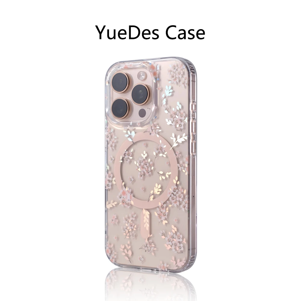 

Laser Aurora Flower Pattern Transparent Phone Case for iPhone 16 Pro Max 15 14 16 Plus For MagSafe Wireless Charging Clear Cover