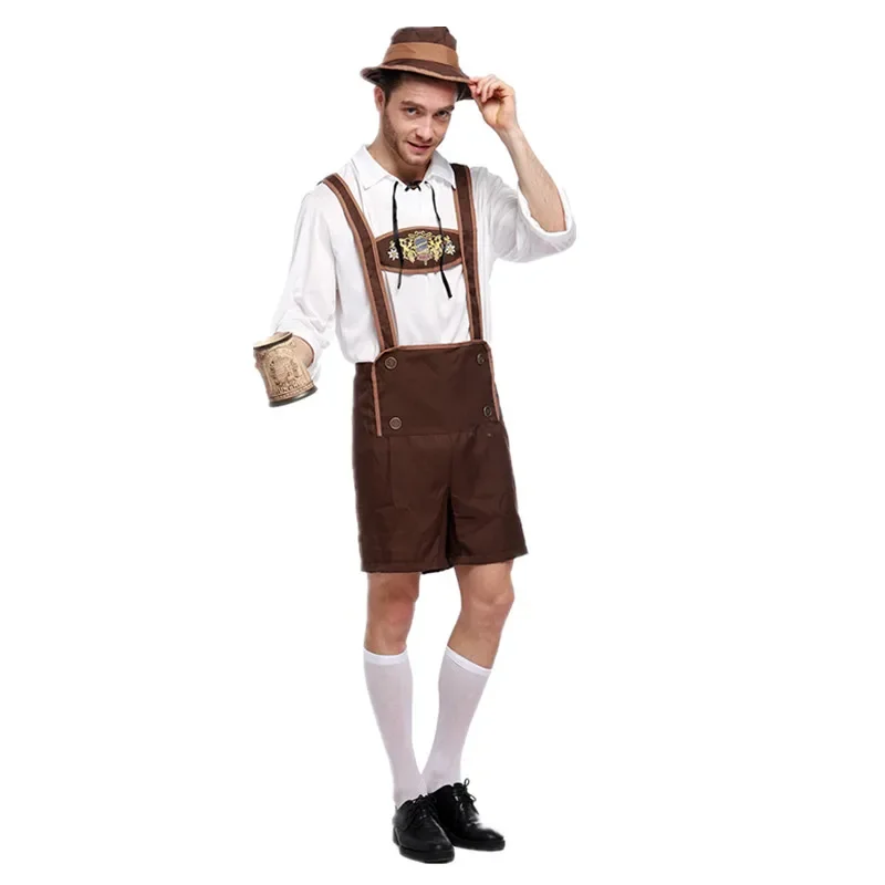 Disfraz de Lederhosen del Oktoberfest para hombre, traje de cerveza alemana de Octoberfest, pantalones cortos con tirantes, traje de Cosplay de Halloween para hombre