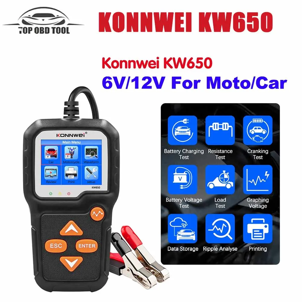 

KONNWEI KW650 Car Motorcycle Battery Tester 12V 6V Battery System Analyzer 2000CCA Charging Cranking Test Tools Vehicle Boat