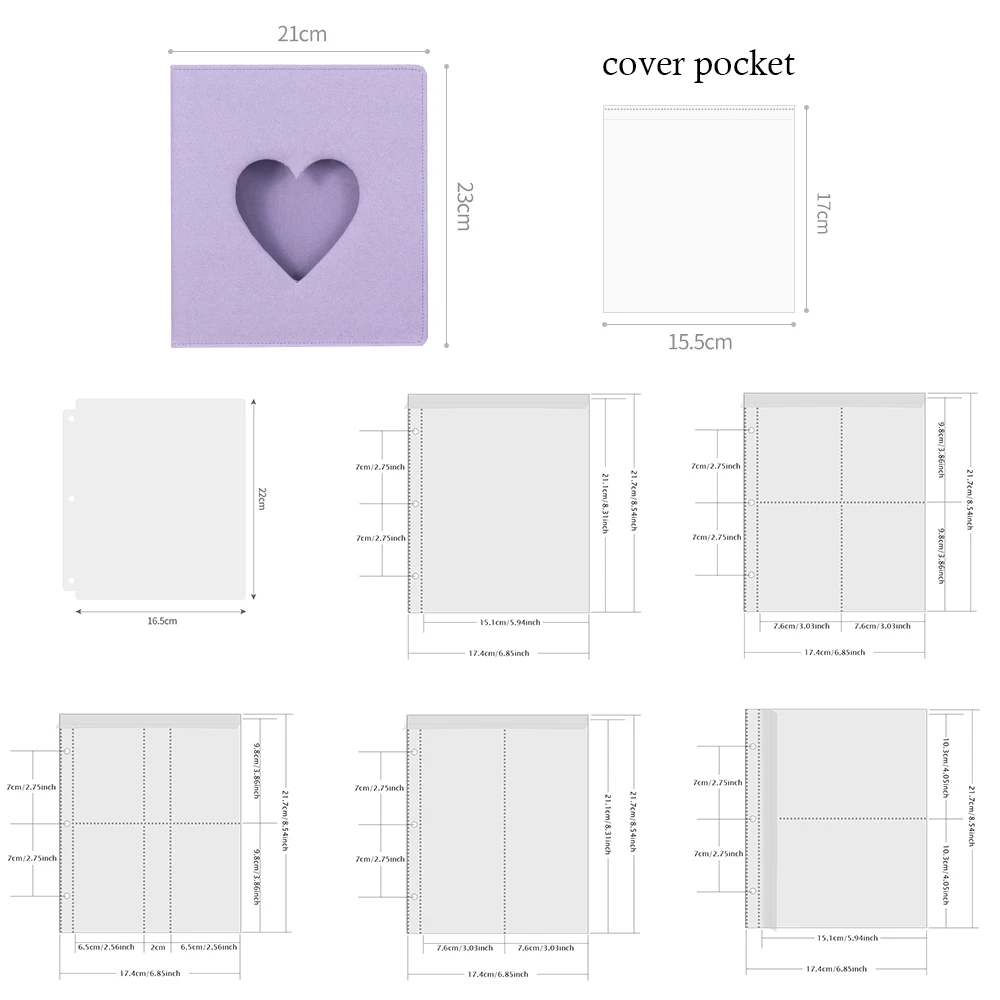 PLRBOK 3 Ring A5 Photo Album with Pockets,Binder Heart Glitter Cover Pretty Notebook Card Book 4×6 10×15 Scrapbook