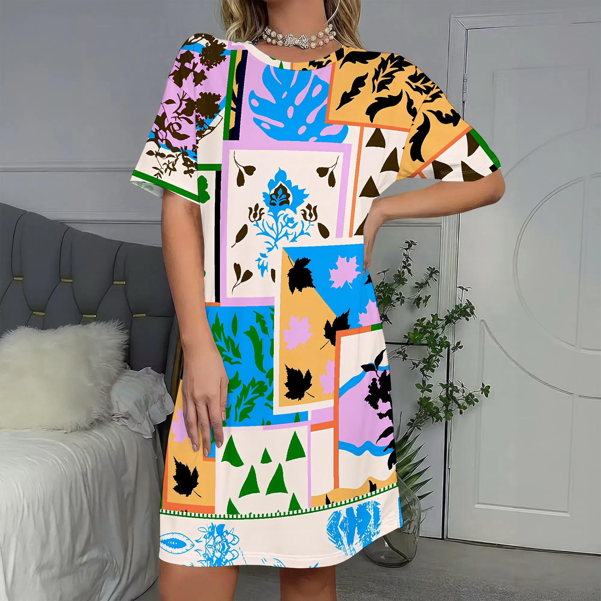 

Abstract Art Print, Short Sleeve Dress, Colorful Patchwork, Boho Style, Summer Beachwear, Casual Party Wear, S-2XL