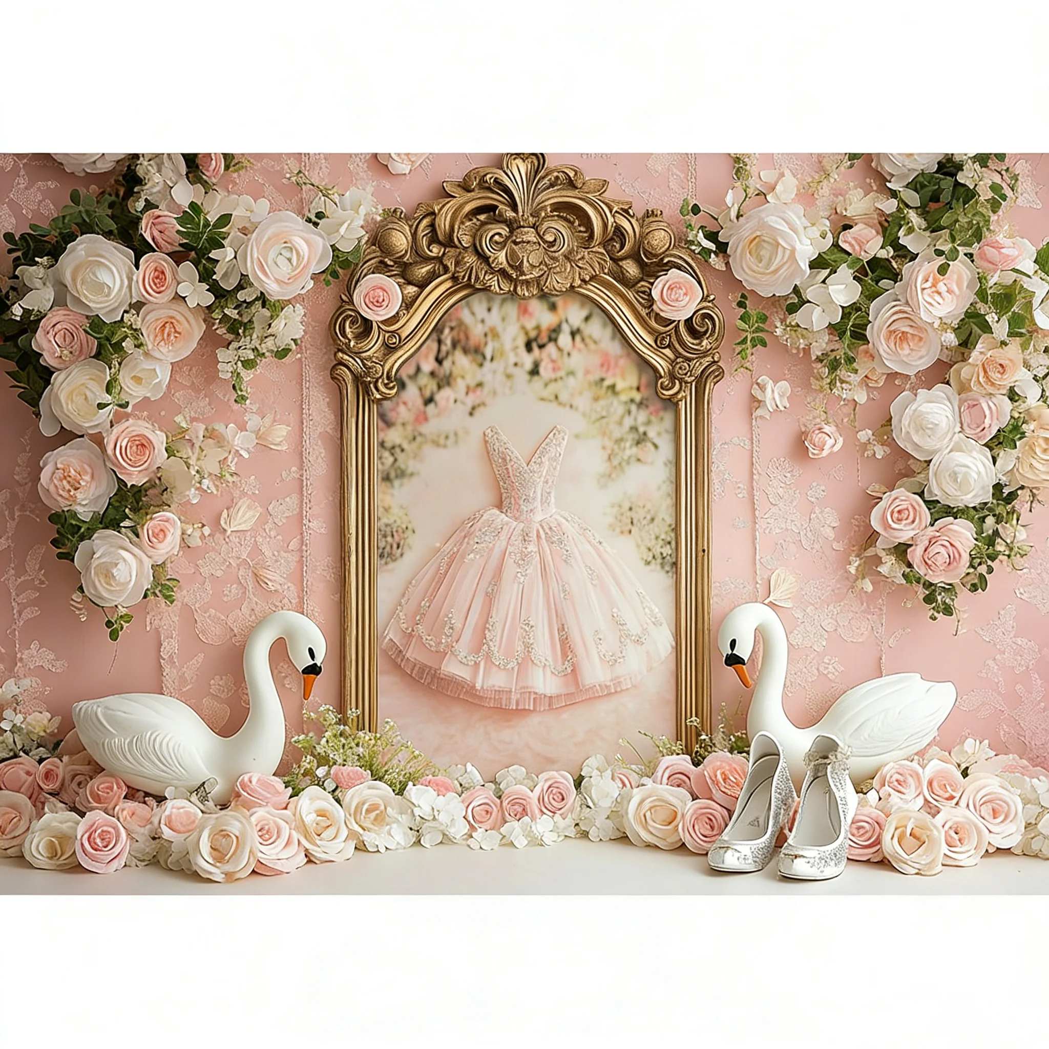 Swans Ballet Tutu Dress Photography Background Child Girl Birthday Cake Smash Props Pink Sequined Curtain Backgrounds Decors
